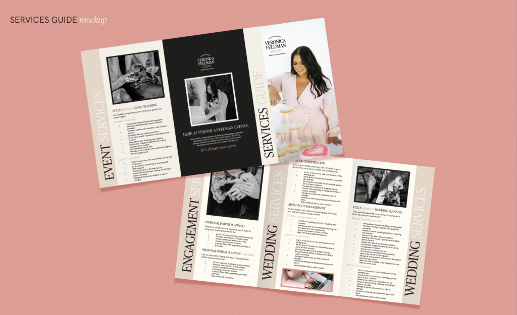 Mockup of Veronica's services brochure. A tri-fold brochure give to people interested in her wedding & event planning services.