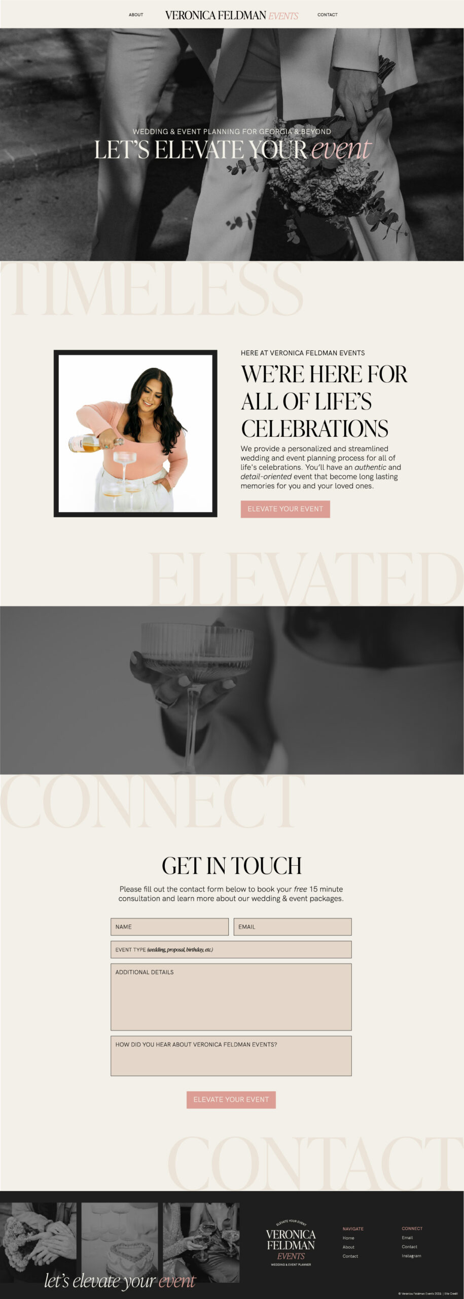 Website mockup of a bold, luxe, & editorial brand. Lots of black and white images paired with pops of pink text.