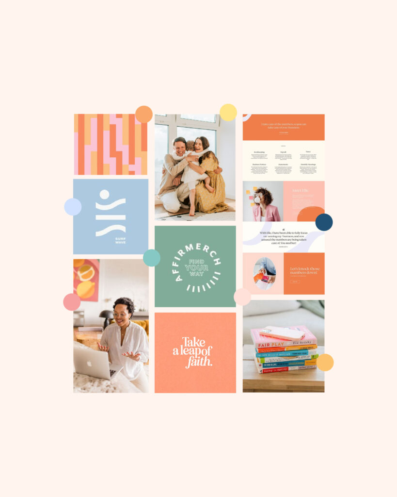 Sophisticated, fun mood board for Big Feelings, Awesome Kids. Pops of coral, yellow, pink, & navy.