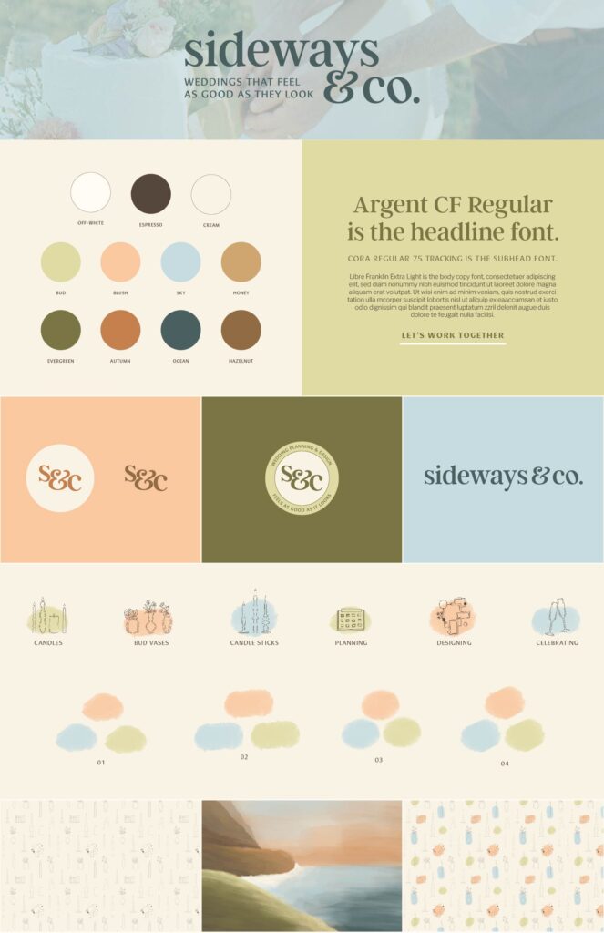 Sideways & Co., a wedding planner and designer brand style sheet that shows all the logos, custom illustrations, and brand patterns