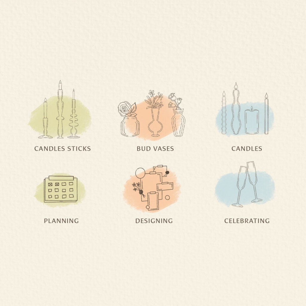 Sideways & Co. custom hand-drawn illustrations of candle sticks, bud vases, candles, a calendar, mood board, and champagne glasses