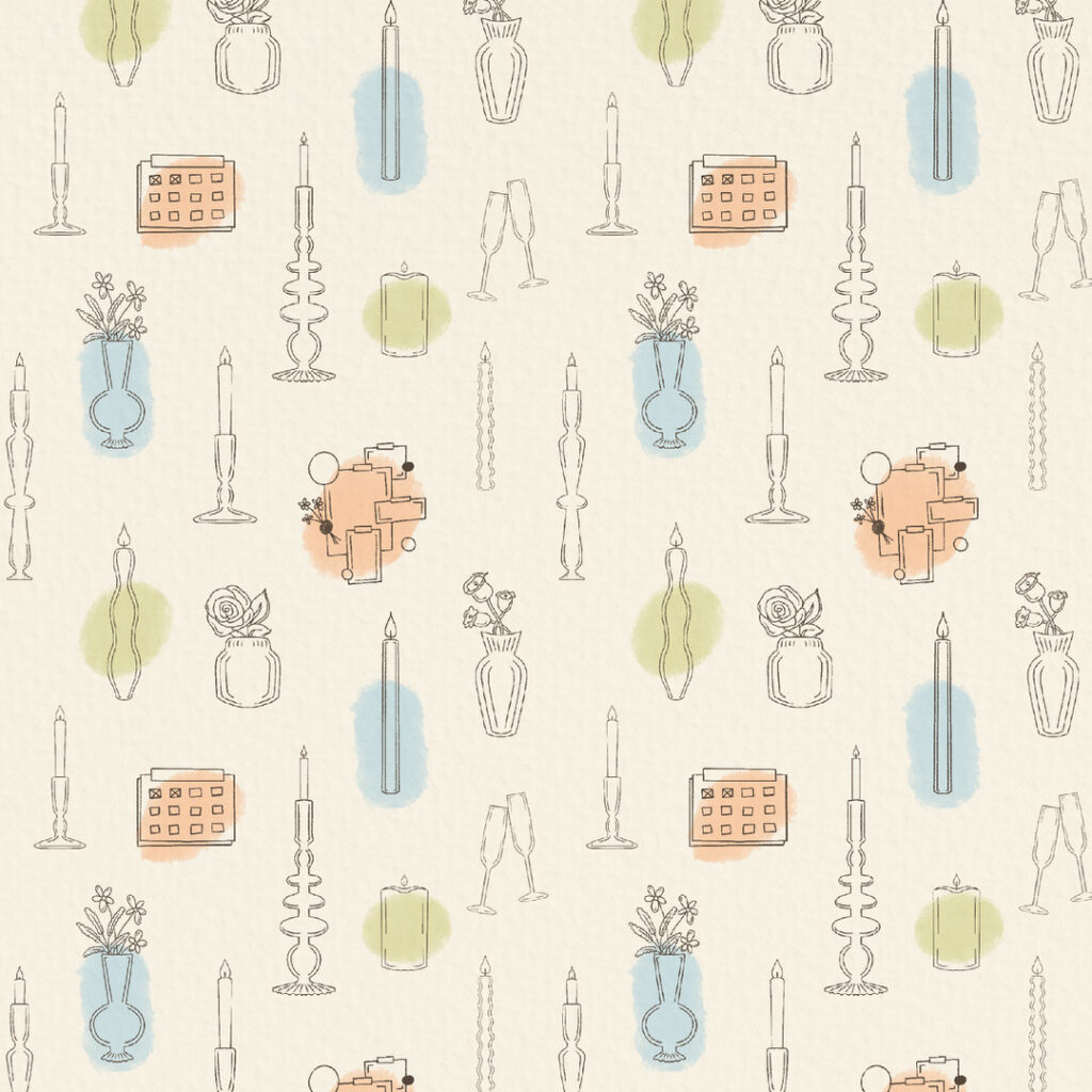 Sideways & Co. brand pattern filled with custom hand-drawn illustrations of candle sticks, bud vases, candles, a calendar, mood board, and champagne glasses