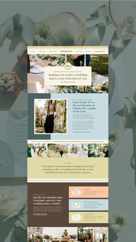 Sideways & Co., a wedding planner & designer brand custom Showit website about page