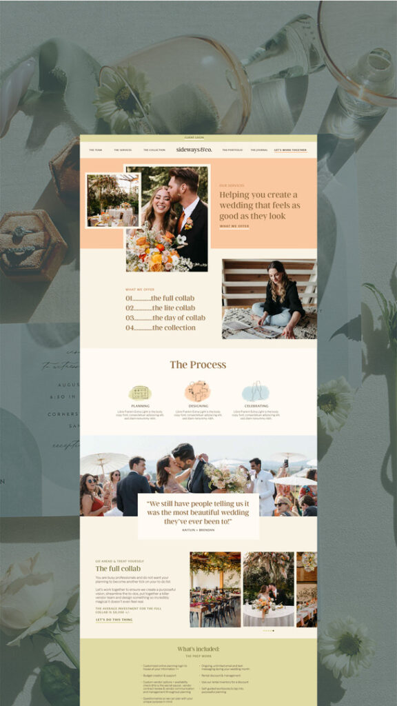 Sideways & Co., a wedding planner & designer brand custom Showit website services page