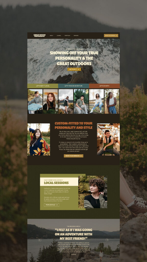 Lindsay Newton Photography's service page on her adventurous custom Showit website