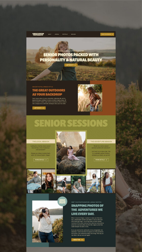 Lindsay Newton Photography's home page on her adventurous custom Showit website